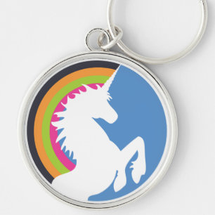 80:s Retro Unicorn och Rainbow Keychain Rund Silverfärgad Nyckelring