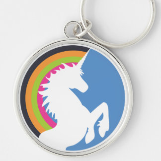 80:s Retro Unicorn och Rainbow Keychain Rund Silverfärgad Nyckelring