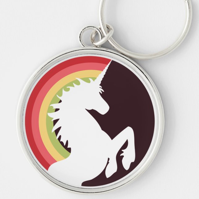 80:s Retro Unicorn och Rainbow Keychain Rund Silverfärgad Nyckelring (Framsidan)