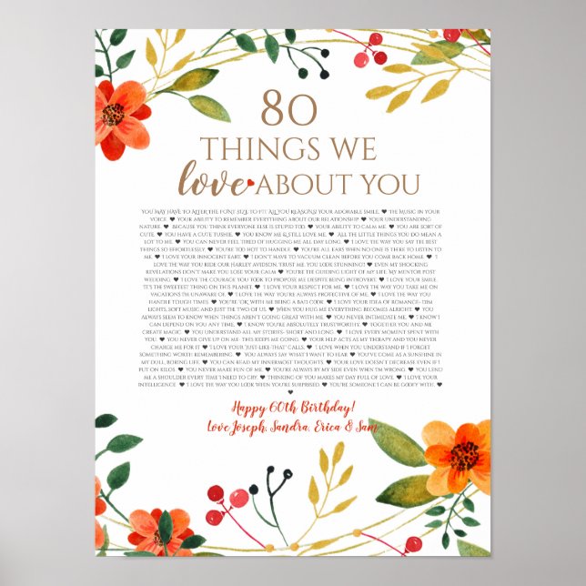 80 saker vi älskar om dig orange blommor poster (Framsidan)