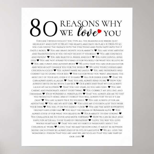 80 skäl att vi älskar dig Födelsedagspresent till  Poster (Framsidan)