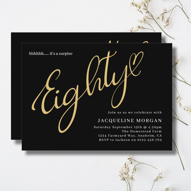80 Svart Guld 80:e födelsedagen Inbjudningar (80th birthday party invitation in black and gold on a light background.)