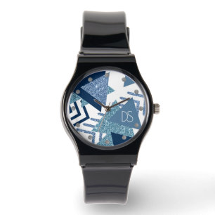 80-talets Luxe-Abstrakt Turkos och marinmonogram Armbandsur