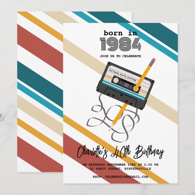 80-talets musikretro-kassettband 40:e fyrtioårsdag inbjudningar (Fram/baksida)