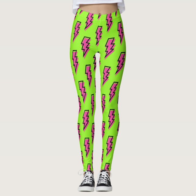 80-talets Neon-Grönt och Rosa-blixt Mönster Leggings (Framsida)