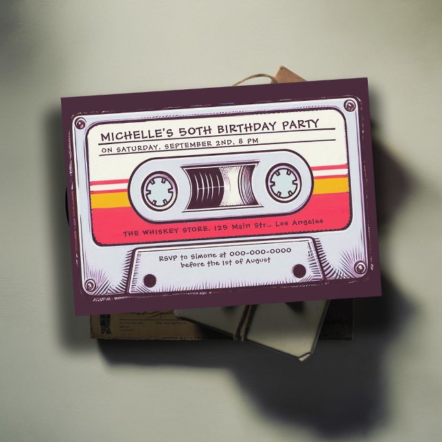 80-talets Nostalgia Cassette Tape Mix Roligt 50:e  Inbjudningar (cassette mixtape 80s nostalgia 50th birthday party women vintage retro 70s 60s fun music lover)