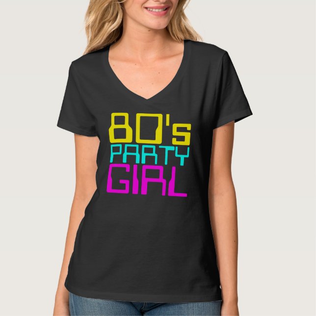 80-talets party-flicka dam multifärg logotyp t shirt (Framsida)