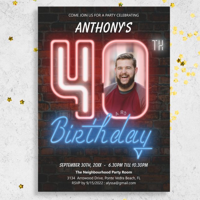 80-talets Retro Anpassningsbar Photo Neon 40:e föd Inbjudningar (80s Retro Custom Photo Neon 40th Birthday Invitation)