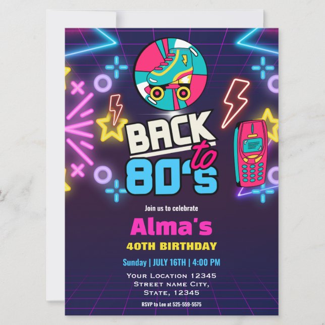80-talets Retro Neon 40-årsdag Inbjudningar (Framsida)