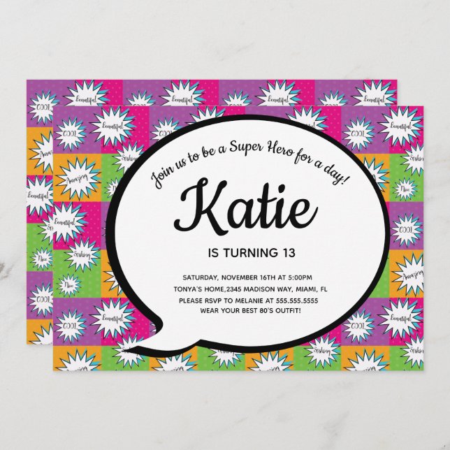 80-talets Rosa Tecknad Toppen Hero Throw Back Inbjudningar (Fram/baksida)