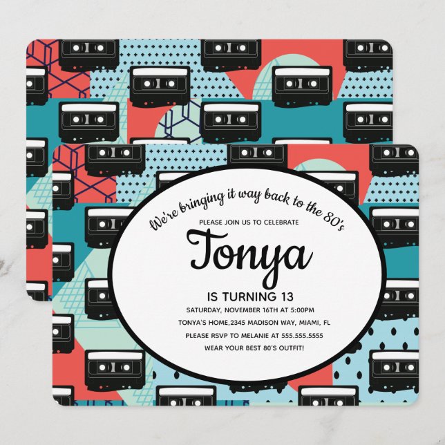80-tals 90-tals fest Retro kassett Throw Back-inbj Inbjudningar (Fram/baksida)