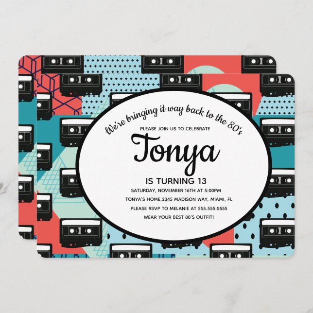 80-tals 90-tals fest Retro kassett Tillbaka i tide Inbjudningar (Fram/baksida)