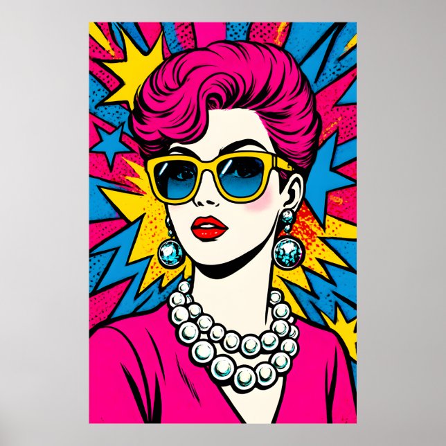 80-tals Retro Glam Popkonst Kvinna med Solglasögon Poster (Framsidan)