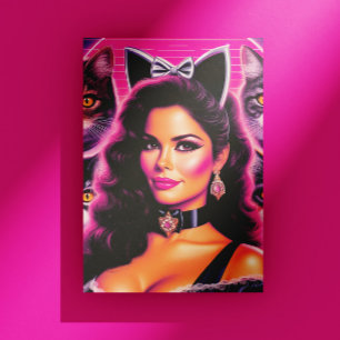 80-tals Retrowave Kvinna Katt Vykort