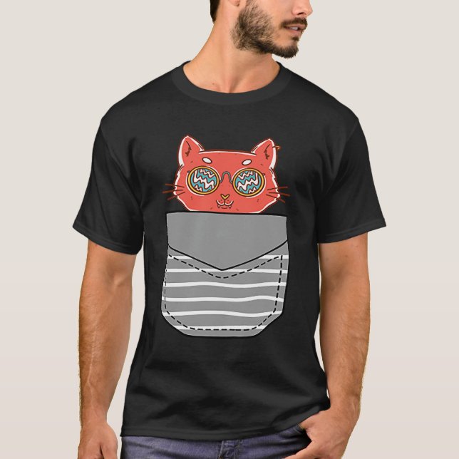 80-tals solglasögon katt i fickan t shirt (Framsida)