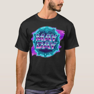 80-tals Synthwave "May Day" Neon Grafisk Herrkläde T Shirt