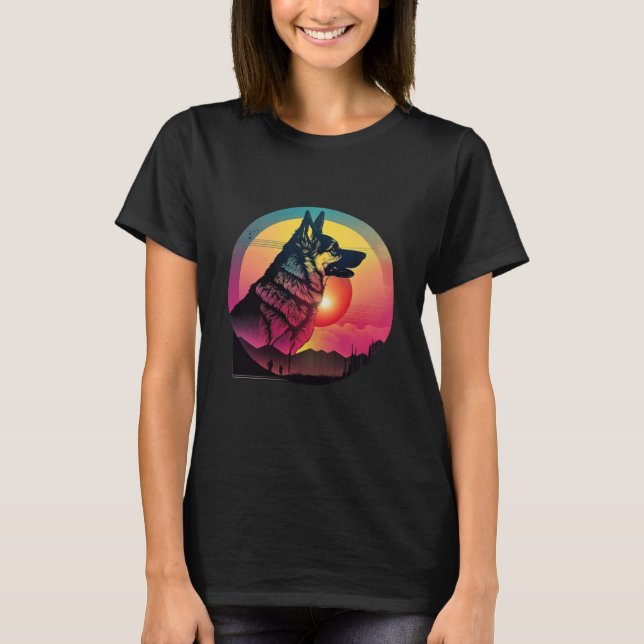80-tals Synthwave Tysk Shepherd med en Retro Estet T Shirt (Framsida)