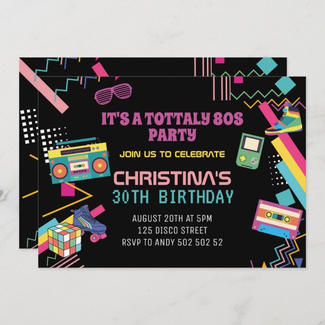 80-tals tema retro 80-tals discofest jag älskar 80 inbjudningar (Fram/baksida)