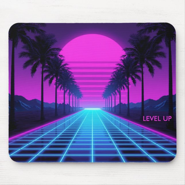 80-tals Vaporwave Neon Grid Skrivbordsmatta med Pa Musmatta (Framsidan)