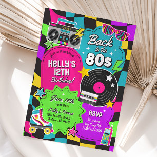 80-talsuppmaning till Retro Neon Birthday Inbjudningar
