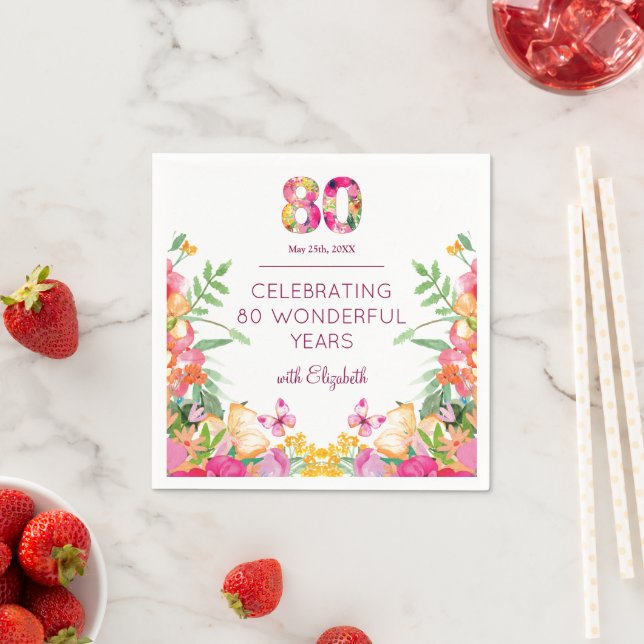 80 Years Floral Flowers - Butterfly 80th Birthday  Pappersservett (Insitu)