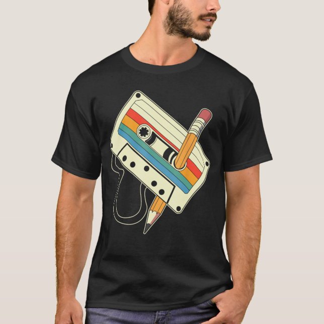 80s 90s Retro Music Mitape Cassetteape Pencil Nost T Shirt (Framsida)