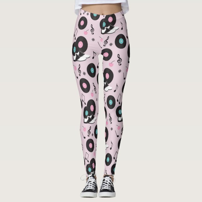 80s Disco Retro Rosa Vinylposter Leggings (Framsida)