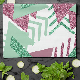 80s Färsk Abstrakt | Rosa och Grönt Shapes Mönster Kökshandduk