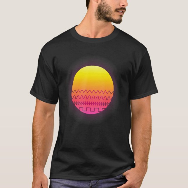80s Retro Sunset Synthesizer Synthwave Waveform T Shirt (Framsida)
