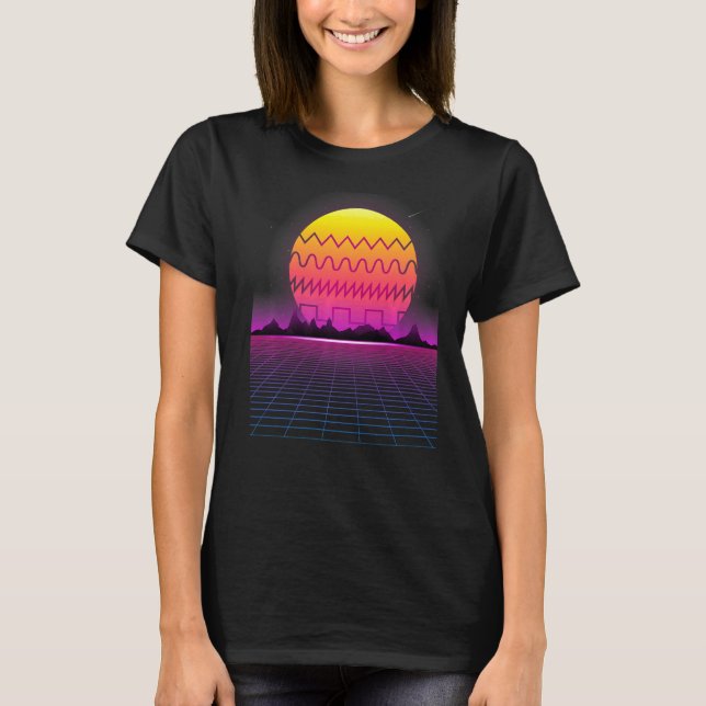 80s Retro Sunset Synthesizer Synthwave Waveform T Shirt (Framsida)