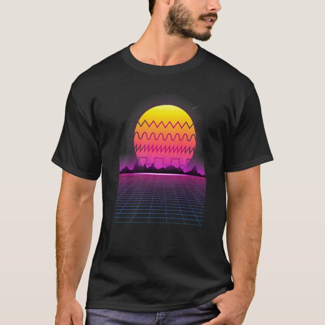 80s Retro Sunset Synthesizer Synthwave Waveform T Shirt (Framsida)