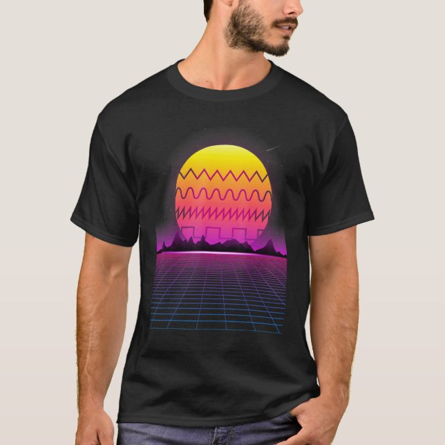 80s Retro Sunset Synthesizer  Synthwave Waveform T Shirt (Framsida)