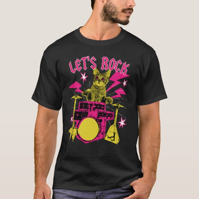80s Rock N Roll Girl Cat Let's Rock T Shirt (Framsida)