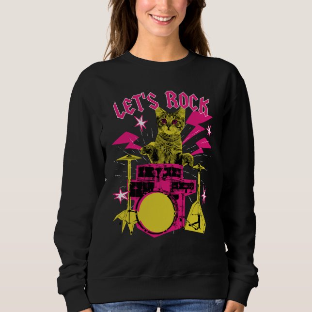 80s Rock N Roll Girl Cat Let's Rock T Shirt (Framsida)