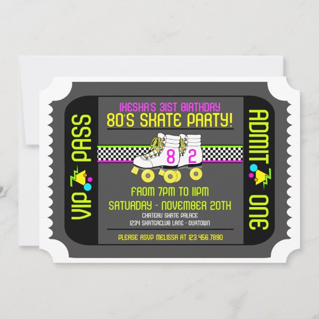 80s Rollerskate Biljett Stil Party-inbjudningar Inbjudningar (Framsida)