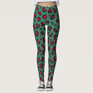 80s Stil Red & Grönt Leopard Skriv ut Leggings
