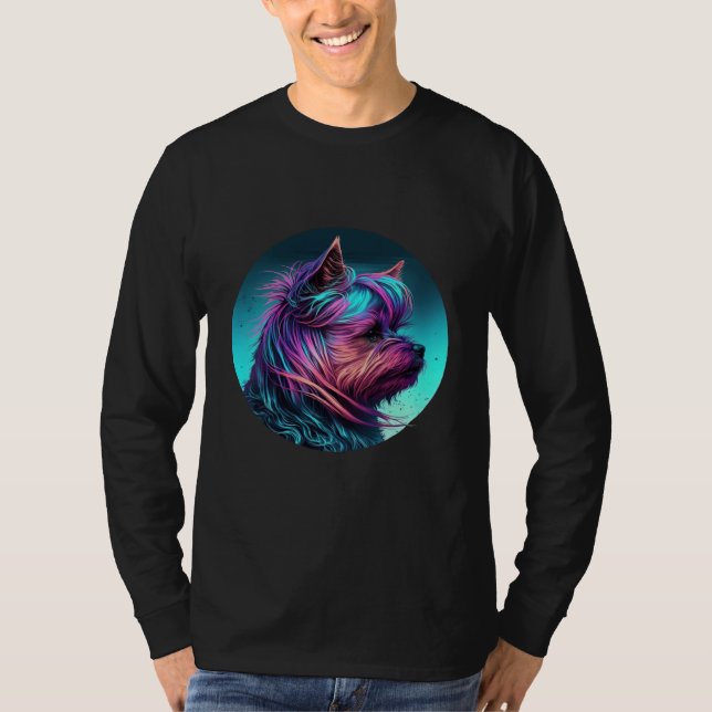 80s Sunset with Yorkshire Terrier Aesthetic T Shirt (Framsida)