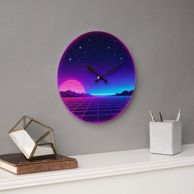 80s Synthwave Neon Sunset Circle Geometric Graphic Stor Klocka (Kontor)