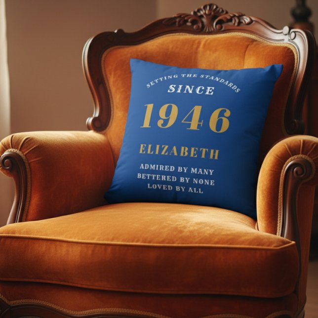 80th Birthday 1946 Add Name Blue Gold Personalized Kudde (1946 throw pillow on orange chair)