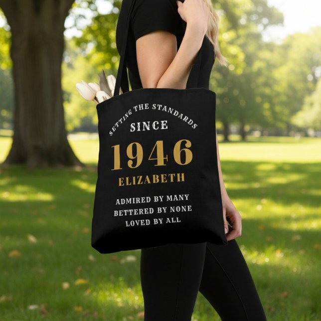 80th Birthday 1946 Black Gold For Her Personalized Tygkasse (Born 1946 birthday tote bag. Background out of focus.)