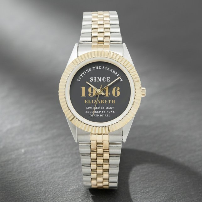 80th Birthday 1946 Elegant Black White Chic Armbandsur (Born 1946 birthday watch. Grey background)