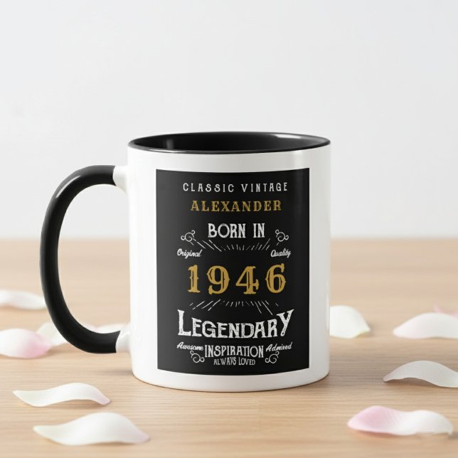 80th Birthday 1946 Legend Retro Black Personalized Mugg (Born 1946 birthday gift mug. White background, wood table.)