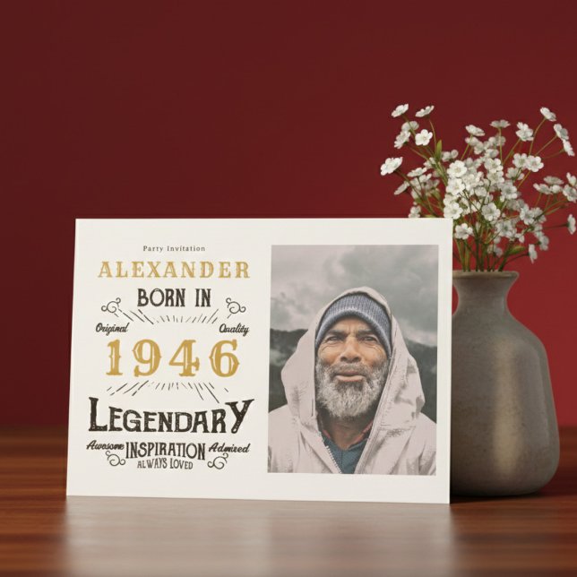 80th Birthday 1946 Legend White & Gold Photo Inbjudningar (Born 1946 birthday invitation.)