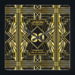 80th Birthday Art Deco Gold Black Great Gatsby Fyrkantig Klocka<br><div class="desc">Celebrate your milestone birthday in style with this unique Art Deco-style,  Great Gatsby-inspired design featuring geometric shapes in bright gold over black background. An elegant,  classy,  gender neutral look perfect for commemorating that special birthday with the jazz-infused taste of the Roaring Twenties.</div>