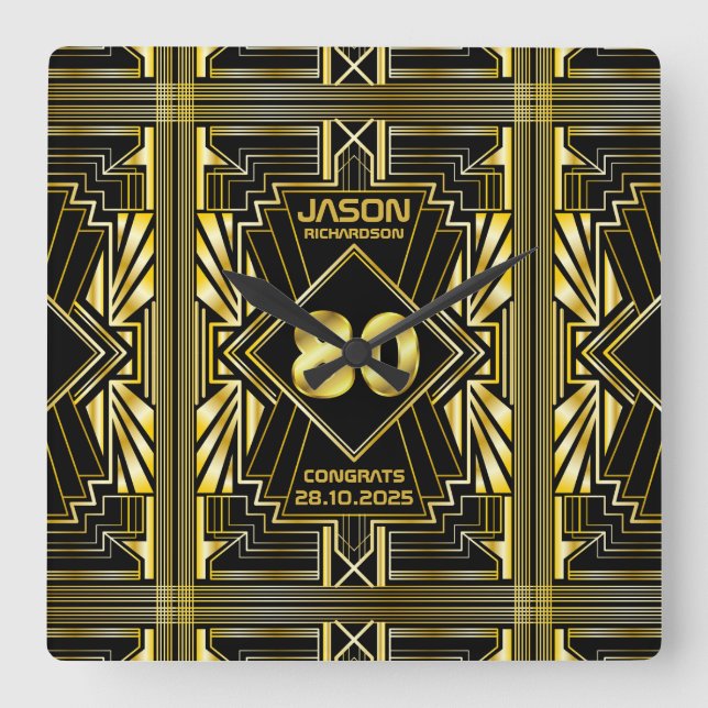 80th Birthday Art Deco Gold Black Great Gatsby Fyrkantig Klocka (Framsida)