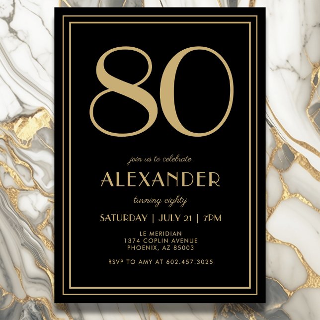 80th Birthday Black and Gold Modern Minimal Adult Inbjudningar (Elegant black and gold 80th birthday invitation design for him or her.)