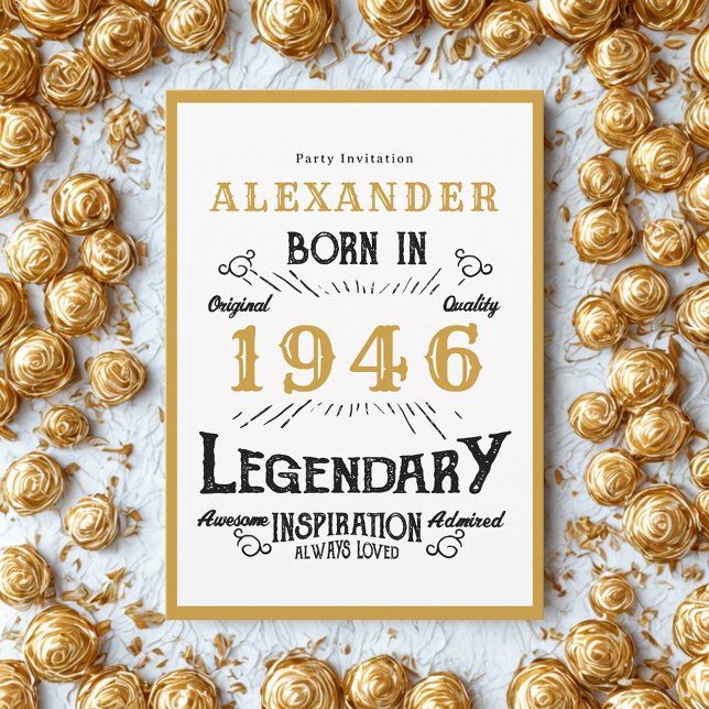 80th Birthday Born 1946 White Gold Legend Inbjudningar (Born 1946 birthday invitation.)