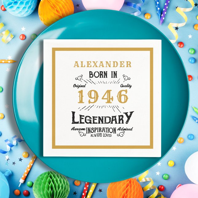 80th Birthday Born 1946 White Gold Legend Pappersservett (Born 1946 napkin on a blue plate.)