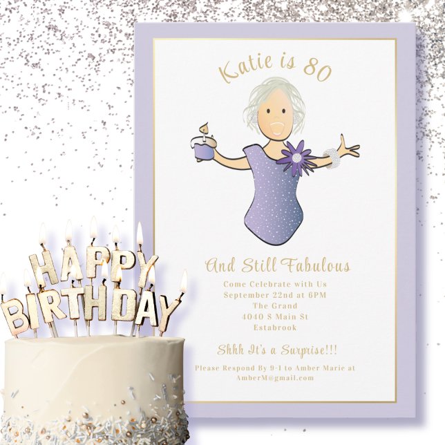 80th Birthday Elegant Blue Gold Cartoon Fab 80  Inbjudningar (Skapare uppladdad)