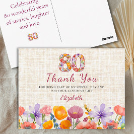 80th Birthday - Elegant Floral Number 80 Thank You Vykort